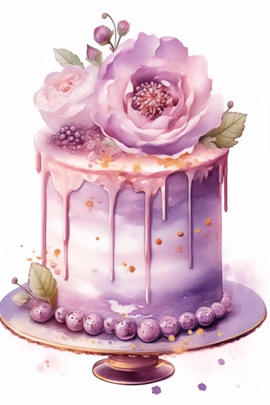 amazing detailed watercolor clipart of a beautiful detailed lilac and soft pink colored birthday cake, no caption, solid white background, cinematic light lighting, hyper-detailed, 8k, high resolution, symmetrical, full shot photograph, insanely detailed and intricate, beautiful, elegant, glamour, watercolor, cinematic