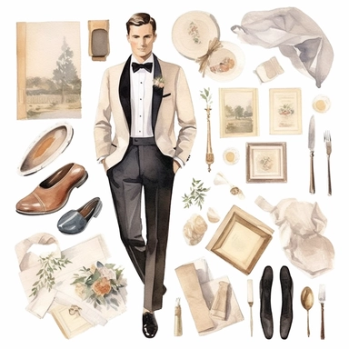 wedding watercolor graphics, subtle neutral pastel tones, sparklecore, embossed paper, Create a dapper wedding clipart showcasing a classic tuxedo, tailored to perfection with sharp lapels, a crisp shirt, and a bowtie, embodying timeless elegance and sophistication for the groom's attire on his special day, candid, multi-layered