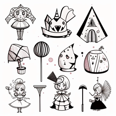 a set of postmodern black line clipart inspired by Alice in Wonderland and Grimms Fairy Tales