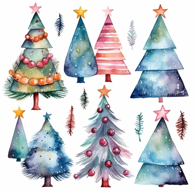 Watercolor christmas trees with christmas ornaments with gift boxes underneath, illustrations clipart set, simple, christmas colors , cartoon elements, different variants , candy cane, hollybell, bow, separate elements with a margin