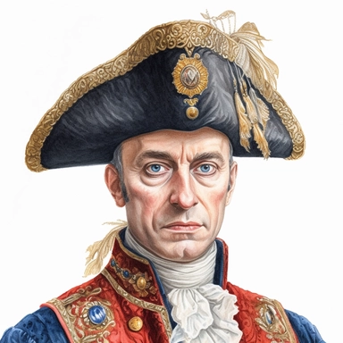 A hyper-realistic close-up portrait of an 18th-century gentleman with an embroidered tricorn hat and gold-trimmed coat watercolor clipart, white background
