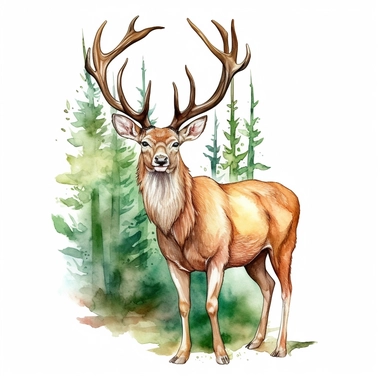 isolated illustration on a white background, a hyper realistic brown dear rich green and beige warm colors , Clipart, watercolor realistic and highly detailed, natural realistic warm colors