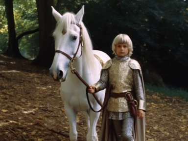 arthur as a young squire is walking next to a white horse, medieval clothing, vhs clip of 1981 movie the grail, in the style of home video, still frame