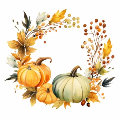basic watercolor fall wreath with pumpkins and leaves in minimal hand drawn style, Etsy, textured, clipart, white background
