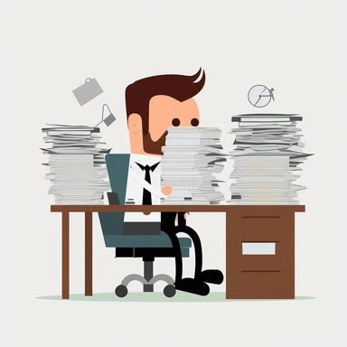 create a clipart for a presentation showing employee sitting behind the desk. The employee has 5 arms and is working frantically. Papers and documents are piling up on his desk. View from behind. White background