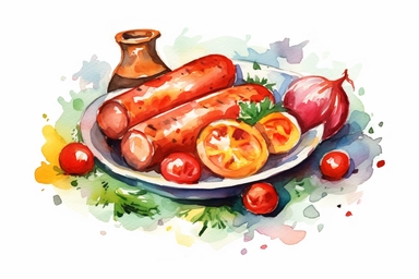 Watercolor, Kielbasa, Ukrainian cuisine, clipart, hd, on a white background, spaced out