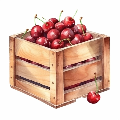 Hand drawn watercolor wooden crate with cherry, realistic and detailed, clipart on white background