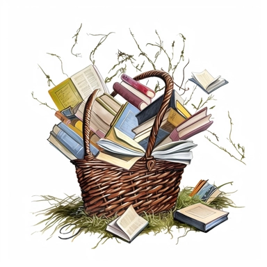 books falling out of a picknick basket, in cottagecore style. clipart. white background