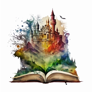 Clipart, Mythical Watercolor Castle Emerging from an Open Book, no background, hd