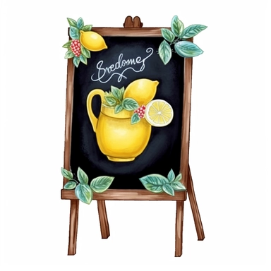 vibrant clipart featuring pitcher lemonade in watercolor style, High Contrast, Blackboard, pastel art drawing on chalkboard with easel against white background