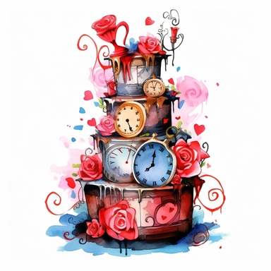 An alice in wonderland tier cake, with layers lopsided in different colors, watercolor steampunk style, with clocks, red hearts and red roses, white background, clipart