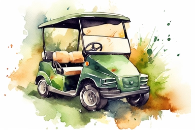 watercolor, Birdseye view of golf cart on the golf course clipart, HD, on white background, spaced out