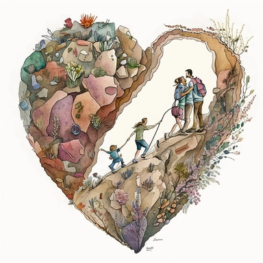 a cute loving American family rock-climbing in a magical rocky mountain (a perfect close-up view from the back) with its own habitats (flowers and plants) made into a heart-shape, vintage in watercolor style clipart, use darker tones, higher saturation co