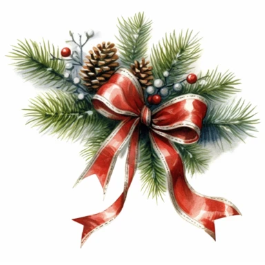 clipart with white background, pine boughs with pretty red bow, clearly defined separate image, high quality--ar3:4-no mockups, watermarks, numbers, writing, letters--q2--v5.1--s1000