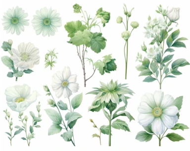 mint green pastel vector clipart flowers, in the style of dark white and light emerald, victorian-inspired illustrations, detailed botanical studies, nick alm, jeannette guichard-bunel, sterling silver highlights, hand-painted details
