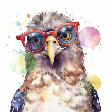 please create watercolor clipart of a hawk smiling, wearing party GLASSES AND PARTY POPPERS, colorful, WHITE BACKGROUND