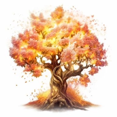 cherry blossom banana oak tree, oak white fire flame, light, golden sun, mighty flowers, pristine, sparkling, white flame, fire light mega epic flowers of epicness, cool and spiky, owning everything, floral art, no background, beautiful, no text, clipart, watercolor