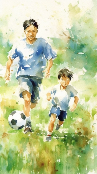The father and children engage in an intense soccer match outdoors. They strive and compete, laughter and cheers echoing on the field, enhancing their bond through teamwork and interaction.Chinese style,watercolor clipart, high quality,high detail,32K