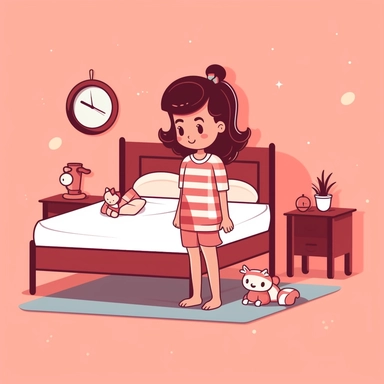 draw a little girl making her bed with solid background cartoon vector clipart in the style , flat and simple and roundy illustration for little kids