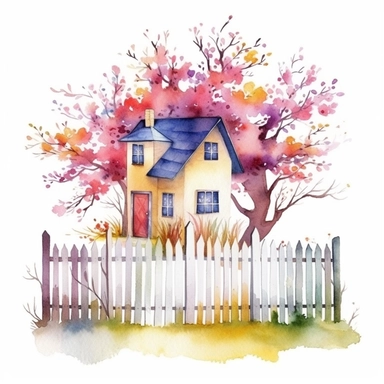 clipart, isolated on white background, beautiful cute Watercolor Spring Cottage - cute little house with fence and chimney, tree and flowers, ornated, vivid and saturated colors