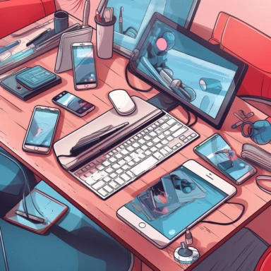a promotional image of new looking iPhone's and laptops laying on a table neatly organized, cartoon clipart style, light blue and red colorway