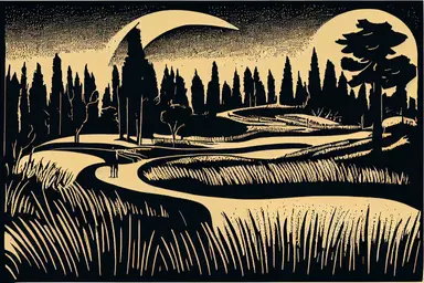 golf course silhouette, linocut, clipart