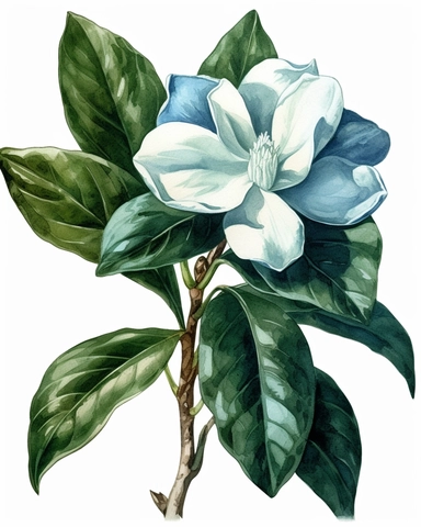 detailed watercolorart big blue gardenia head green leaves , isolated on white background, realistic, clipart