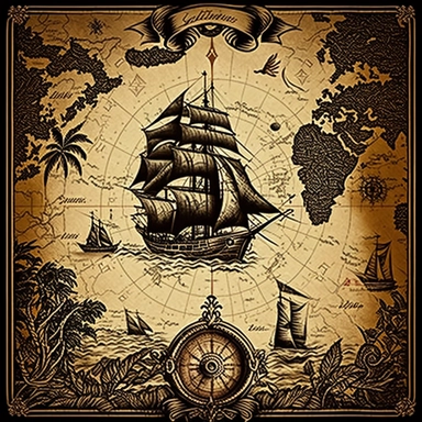 very detailed, high resolution image, hand drawn, dark ink, vintage, antique pirate treasure map, quest map. illustrations of clipper ships, compass, and waves.