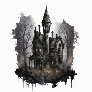 isolated clipart image of a spooky gothic house with intricate architectural details, twisted spires, and looming shadows, each house unique in its design, showcasing different elements like pointed windows, wrought-iron gates, and weathered stone walls, surrounded by a foggy atmosphere that adds a sense of mystery and intrigue, watercolor painting, delicate brushstrokes capturing the eerie charm,