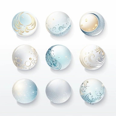 beautiful moon symbols in white, pale blue and silver, white background, vector-style, clipart collection