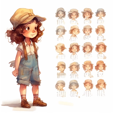 Little girl looking for her hat, character sheet, illustration for book, children's book, multiple positions,five years old, curly hair, dark brown hair,Watercolor Clipart, strybk, full Illustration, 4k, sharp focus, watercolor, smooth soft skin, symmetrical, soft lighting, detailed face, concept art, watercolor style, strybk, children's style fairy tales, chibi kawaii, . Octane rendering, 3d. Perfect face, detailed face, delicate face, perfect sharp lips, detailed eyes. Craig Davison, Aubrey Be
