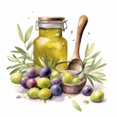 Olives, thyme, olive oil. Watercolor, clipart
