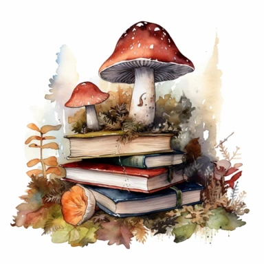 beautiful watercolor image of mushroom home clipart, forest, books, moss, forest floor, moss, insane details, against a white background
