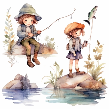 Watercolor boho fishing near a beautiful stream, illustrations clipart set, simple, soft colors, cartoon elements, different variants, cute little boy and girl fishing, separate elements with a margin