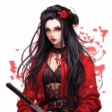 Disney princess mulan, long black rocker hairstyle,red leather jacket over a ripped red dress, katana necklace, skulls, gothic style, rock style, clipart, white background, by Kawacy