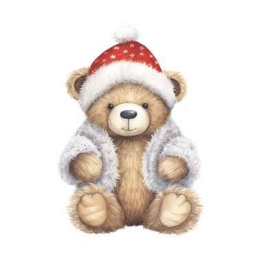 A watercolor cute Santa Teddy bear, full color, knitted painting texture, Perfect for nursery art and children's book illustration style, simple, cute, full color, clipart, watercolor illustration, single object, high definition 8k, white background for removing background
