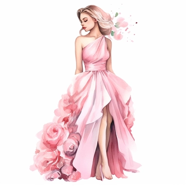 Watercolor full body girl wearing pink elegant party dress drawing, illustration clipart, high detailed, white background, digital art