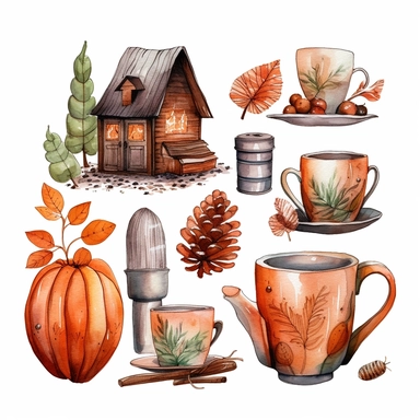 Watercolour illustration separately isolated cozy autumn kit , style by Lucy Fleming, watercolor, smooth gradients, black contour outline, ultra detailed, clipart elements, delicate pastel colors, solid white background, super clear, high quality