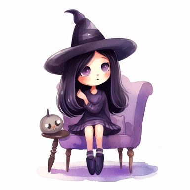 Mona the little witch, a little witch character, sitting on a cozy chair, engrossed in a witch's grimoire, the witch has a contented expression, watercolor children's book illustration style clipart, simple, cute, full colour, purple witch hat, dark purplish hooded dress, black shoes, dark purplish clothes, long black hair, flat colour,