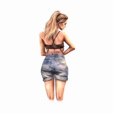 glamour model posing, blonde hair, hotpants, full length, her back is facing the camera, her head is looking to the right, her hair up is up in a ponytail, watercolour style, fine details, 8k clipart png transparent
