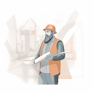 vector design, architect holding blueprint, flat modern illustration, clipart, white background, soft gradient transition, in the style of warm color palette, natural pastel colors, in gray beige graphite and orange colors, object portraiture specialist, uniformly staged images, animated illustrations
