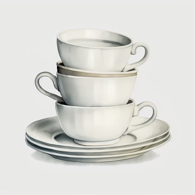 watercolour American style 3 white china coffee cups stacked on top of each other on white china coffee plate beautifully detailed American diner stacked coffee cups,png image,high resolution,300 dpi,graphic clipart,computer graphics