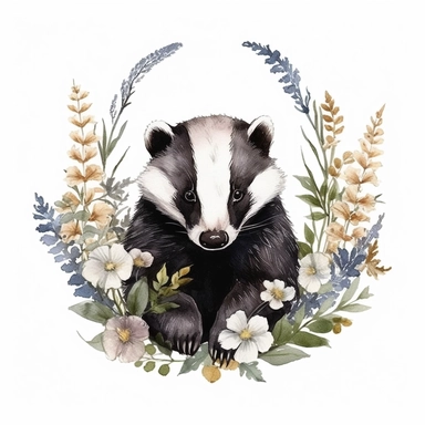 beautifully detailed cute Woodland badger watercolor clipart, isolated, white background