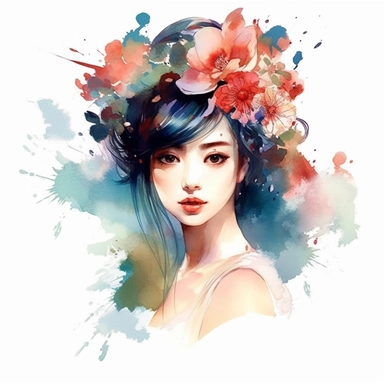 watercolor style, asian-origin girl with flowers on her head clipart, isolated on white background, hd ar 32:40
