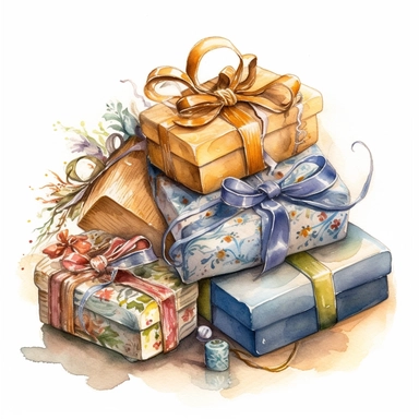 insanely beautiful pile of 3 gift packages , in the style of beatrice potter, 32k uhd, hand-painted details, pastoral illustrations, amazing colour combinations , aquarellist, hd , white background clipart ,-- no watermark--ar 27:37