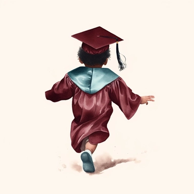 a black toddler graduate, with a burgundy graduation cap, afro, 3k graduation, backview, jumping, faceless, bold watercolor clipart