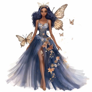 glitter hand illustrated barbie inspirred brown skin fairy floral accents navy blue and sparkly sequins accented gown semi transparent flowy dress pretty wings hyper realistic watercolor smiling lips big eyes pretty fairy no background clipart style full body jewels gemstones sparkly diva with crown intricate details