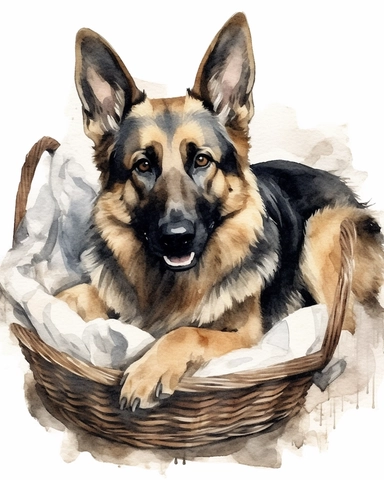 detailed watercolor German Shepherd on a basket , realistic, isolated on a white background, clipart