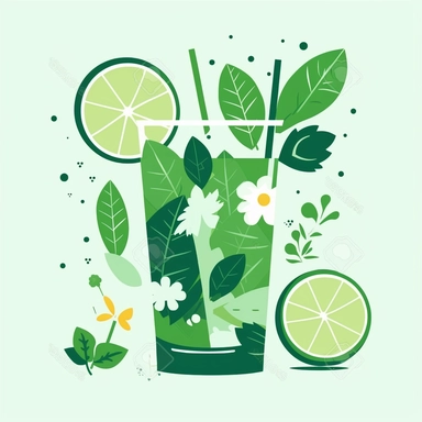 vector clipart of Mojito cocktail, in the style of mid-century modern, 1960s, Scandinavian art, Danish design, naive art, abstract, very simple and minimal, flat graphic design, hand drawn style, henri matisse, solid shapes and colors, minimalist, white background
