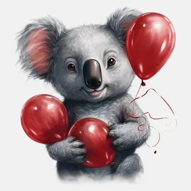 happy koala bear with red balloons, detailed, big eyes, realistic, impressionist, clip art